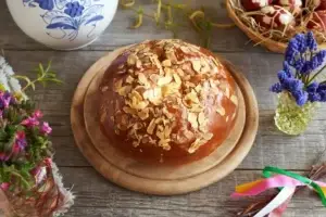 Traditional Czech Easter bread mazanec with almonds and raisins, baked for Easter celebrations