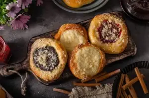 Traditional Czech koláče with cheese, poppy seed and jam fillings
